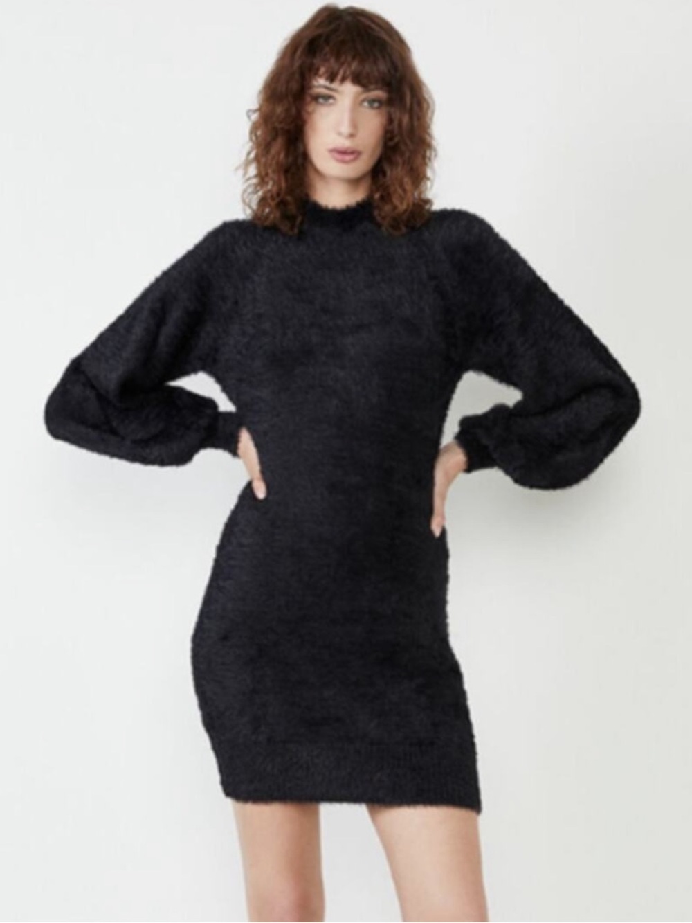 New Amazon Fuzzy Eyelash Knit Mock Neck Balloon Sleeve Mini Sweater Dress